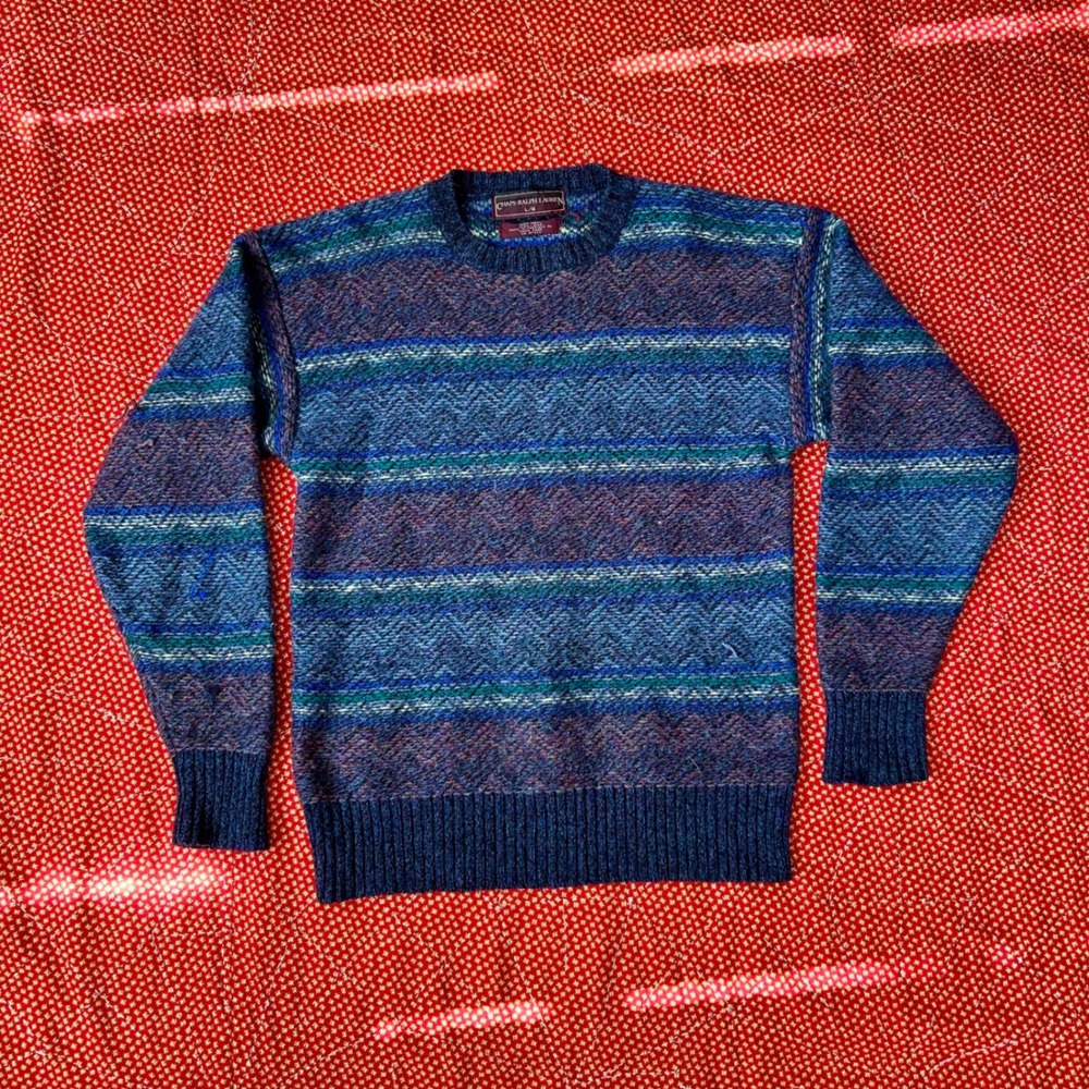 Vintage 90s Ralph Lauren Wool Sweater Large Blue Striped Knit inside out look